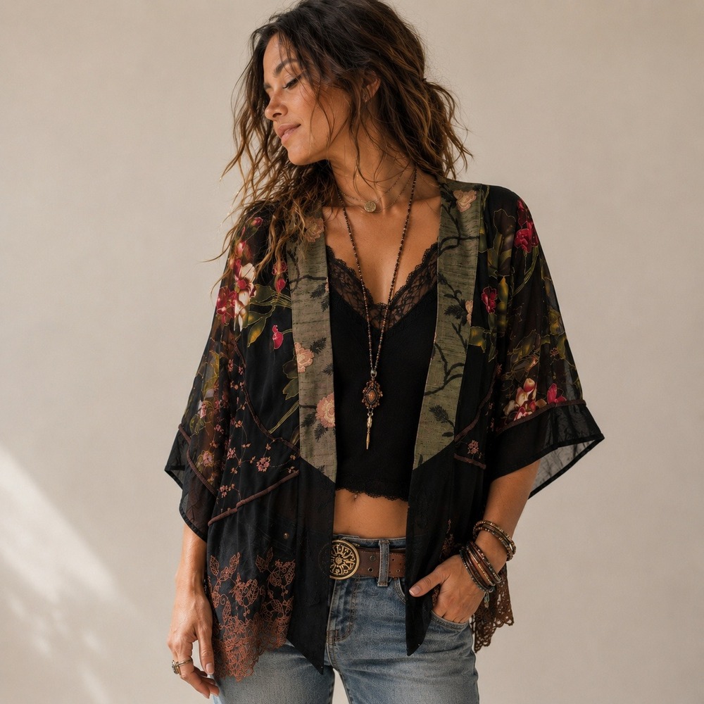 Y2K Spencer Alexis Womens Large Floral Lace Mesh Cardigan Jacket Black